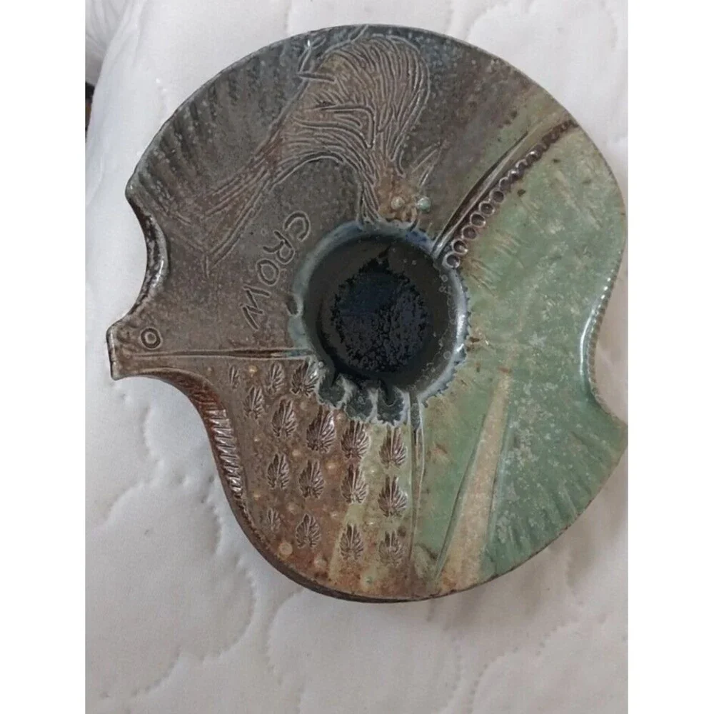 Vintage Studio Pottery Signed Yoltim Crow Hand Painted Wall Hanging Plate